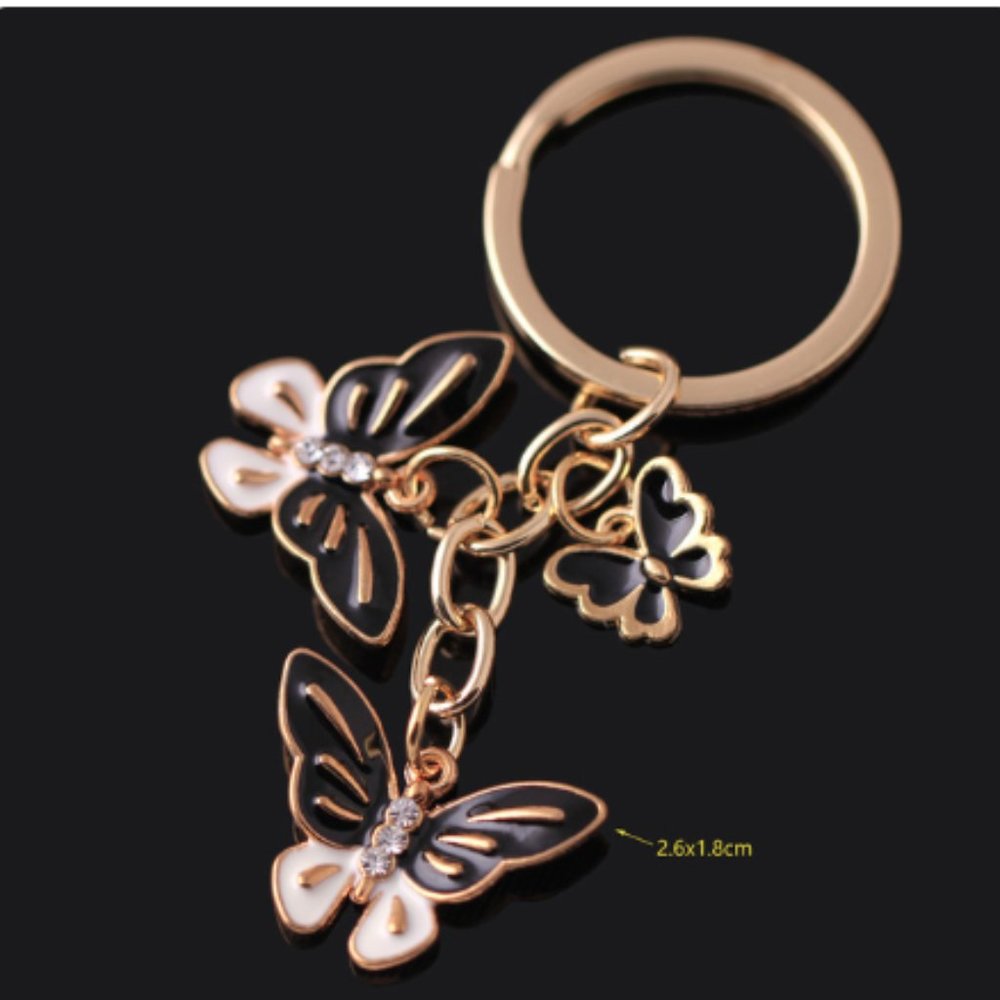 NEW Triple Black Butterflies Bag Charm Key Ring Chain